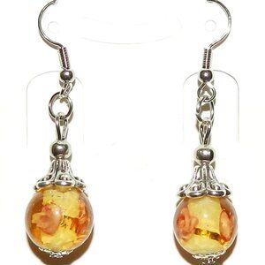 New Yellow Lampworked Glass Silver Tibetan Cap Brass Hooks Dangle Earrings E187